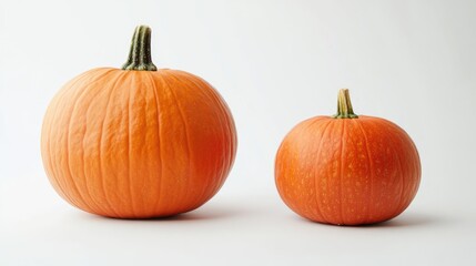 Poster - Big and small pumpkins ready for Halloween carving with autumn foliage on a bright white background