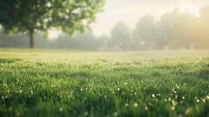 Poster - Fresh green grass field with dew in the morning light creating a serene nature background showcasing a clean environment and bokeh effect