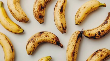Aufkleber - Fresh ripe bananas scattered on a light surface showcasing their yellow color and unique speckled texture ideal for healthy nutrition concepts