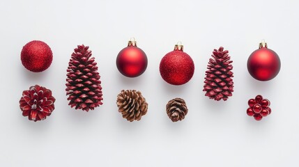 Poster - Red Christmas ornaments and pine cones arranged in a row on a white background for festive holiday decoration and design inspiration.