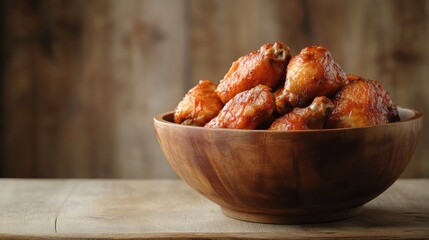 Poster - Deliciously glazed chicken wings served in a rustic wooden bowl on a textured wooden surface.