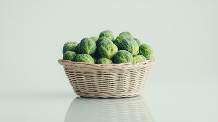Aufkleber - Fresh Brussels sprouts in a woven basket with a soft reflection on a light background showcasing their vibrant green color.