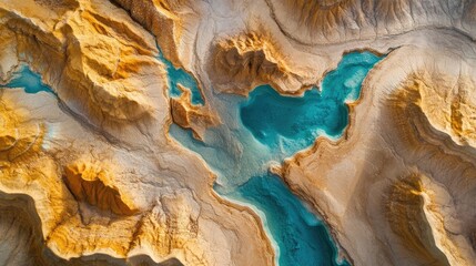 Aufkleber - Aerial view of a stunning desert landscape featuring vibrant blue water and intricate geological formations