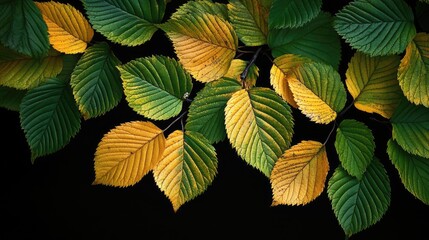 Poster - Vibrant green and yellow leaves against a dark background creating an abstract nature design for artistic and botanical themes