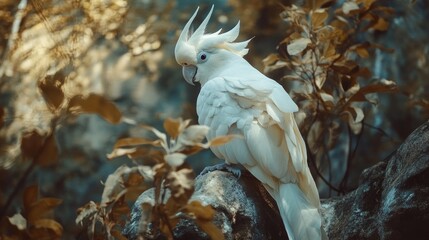 Poster - Elegant white cockatoo perched among golden foliage in a serene zoo setting showcasing its unique crest and vibrant plumage.