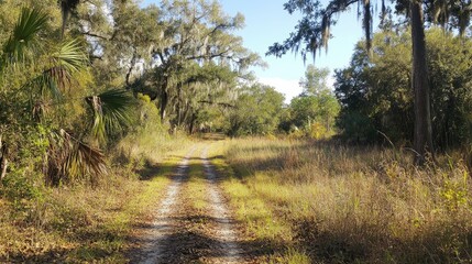 Poster - Serene nature trail in a lush reserve surrounded by trees and grasses under a clear blue sky inviting exploration and tranquility