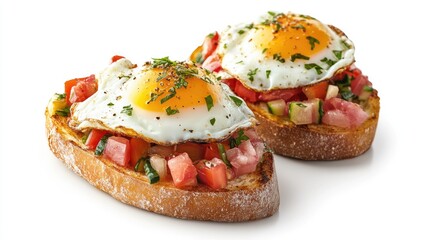 Poster - Bruschetta topped with fried egg and fresh vegetables on rustic bread presented on a white background for culinary inspiration