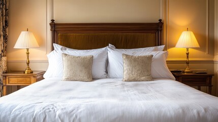 Aufkleber - Elegant bedroom with a classic wooden bed frame and stylish night lamps creating a warm and inviting atmosphere for relaxation.