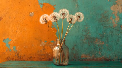 Aufkleber - Dandelion flowers in glass vase on green wooden table against vibrant orange and teal backdrop creating a charming rustic decor scene