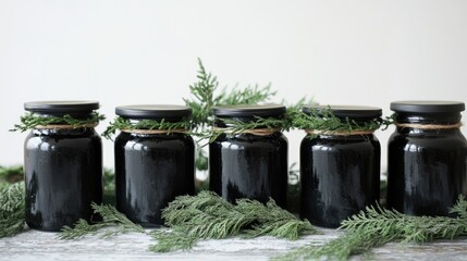 Aufkleber - Elegant black spice jars decorated with greenery on a rustic wooden surface showcasing stylish kitchen decor and organization.