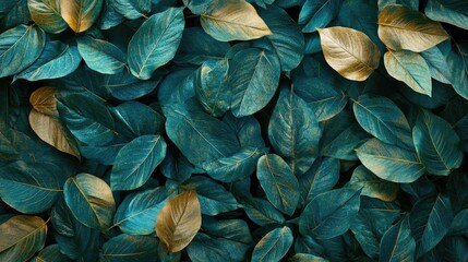Aufkleber - Tropical foliage background with various green leaves and subtle gold accents creating a lush nature-inspired texture for designs