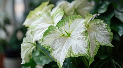 Aufkleber - Vibrant green and white caladium leaves showcasing intricate patterns in a lush indoor garden setting