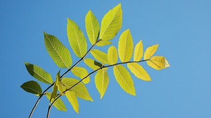 Poster - Ash tree Fraxinus excelsior leaves showcasing vibrant autumn colors against a clear blue sky background in natural sunlight