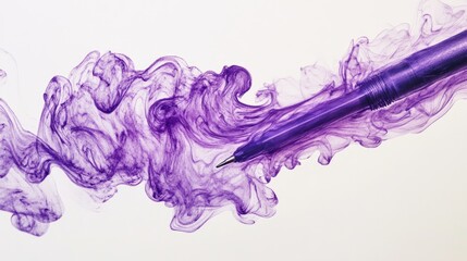 Poster - Purple ballpoint pen creating smoke effect against a clean white background showcasing creativity and artistic expression.