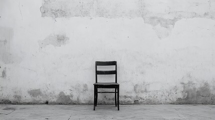 Poster - Minimalist black chair against a textured white wall creating a serene and vacant atmosphere for interior design or artistic concepts.