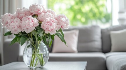 Aufkleber - Peaceful living room setting with peony flowers in a vase and a cozy sofa background showcasing a homely atmosphere and relaxation.