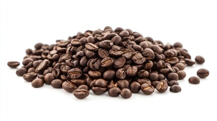 Poster - Coffee beans pile on a white background showcasing their rich color and texture perfect for coffee related articles and advertising