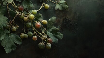 Poster - Gooseberry branch with ripe and unripe berries showcasing lush green leaves against a dark background for a natural food theme.