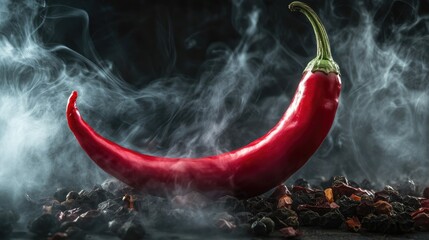 Poster - A vibrant red chili pepper surrounded by smoke and spices creating an intense culinary atmosphere in a dark setting