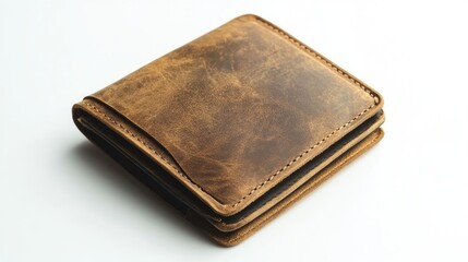 Poster - Elegant brown leather wallet showcasing rich texture on a clean white background ideal for fashion or accessory advertisements.