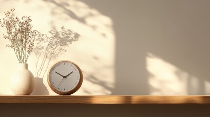 Poster - Modern wooden alarm clock on a shelf with minimalist decor and soft shadows creating a serene atmosphere in a bright interior design.
