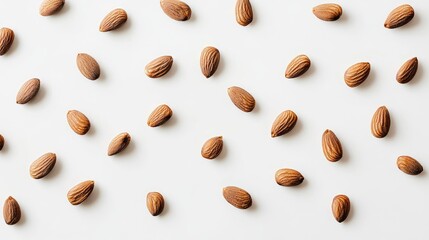 Aufkleber - Almonds scattered on a white background showcasing their natural texture and shape ideal for healthy lifestyle and nutrition themes.