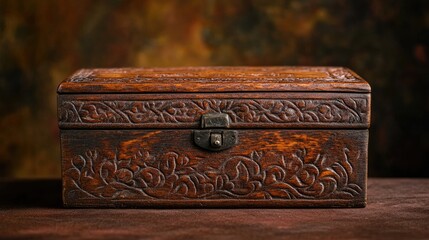 Poster - Intricately Carved Antique Wooden Box with Detailed Floral Design on Rustic Background