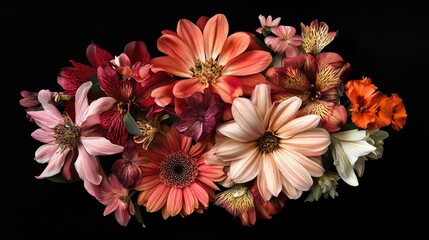 Poster - Colorful bouquet of Gerber Chrysanthemum and Alstroemeria flowers arranged on a black background top view floral composition