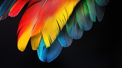 Aufkleber - Colorful bird feathers against a black background displaying vibrant hues and intricate patterns for artistic and nature-themed projects.