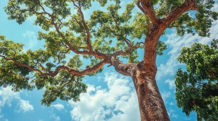 Aufkleber - Majestic tree with sprawling branches reaching towards a bright blue sky adorned with fluffy white clouds