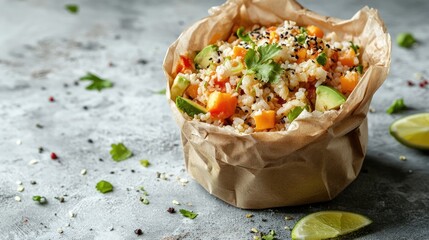 Poster - Freshly prepared vegan meal in a paper bag showcasing colorful vegetables and herbs on a rustic background promoting healthy eating concepts