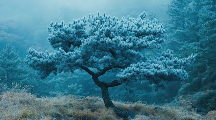 Poster - Majestic blue pine tree surrounded by misty wilderness showcasing serene beauty and tranquility in nature's landscape.