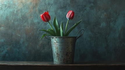 Aufkleber - Vintage Bucket with Red and Pink Tulips Against a Textured Background