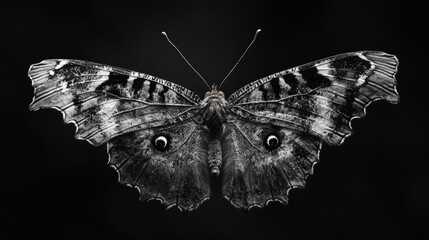 Poster - Comma Butterfly Polygonia c album in striking black and white showcasing intricate wing patterns and textures against a dark background