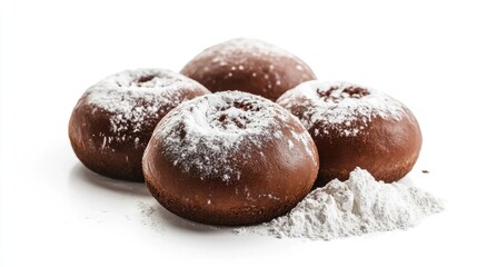 Poster - Brown baked buns dusted with flour arranged on a white background showcasing a fresh and appetizing pastry presentation.