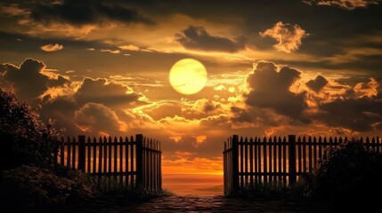 Poster - Golden sunset behind a silhouette fence with dramatic clouds creating a serene landscape atmosphere at dusk.