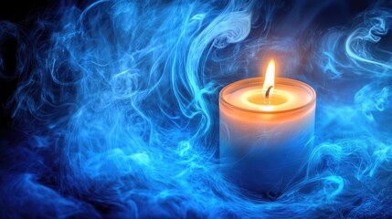 Aufkleber - Mystical blue flame illuminating a white candle surrounded by swirling smoke in a dark atmosphere
