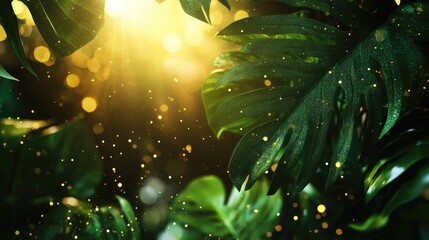 Poster - Lush Green Leaf Texture with Golden Light Rays Creating a Warm and Inviting Atmosphere for Nature Inspired Backgrounds