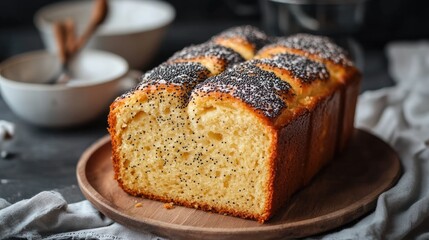 Poster - Poppy Seed Brioche Cake Freshly Baked Airy Delight Perfect for Breakfast or Brunch Served on a Rustic Wooden Plate