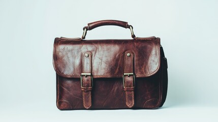 Poster - Versatile brown leather messenger bag suitable for both men and women on a minimalist white background