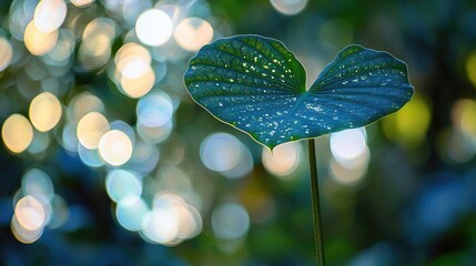 Poster - Alocasia Elephant Ear Leaf with Dew Drops Against a Beautiful Bokeh Background in a Lush Green Environment