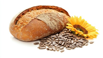 Aufkleber - French rye bread loaf with sunflower seeds and a sunflower on a white background showcasing natural ingredients and rustic appeal