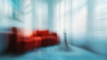 Poster - Abstract blurred living room with red sofa and light blue tones creating a tranquil decorative background for modern interiors.