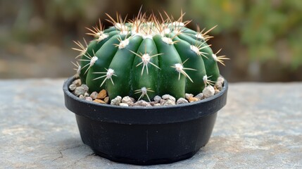 Aufkleber - Vibrant green cactus in a mini pot basking in sunlight with decorative stones on a rustic surface