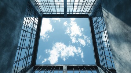 Poster - cage structure architecture framing blue sky with clouds from below in a modern construction setting