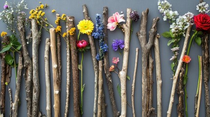 Aufkleber - Wooden sticks adorned with an array of colorful flowers arranged in a decorative pattern on a neutral background.