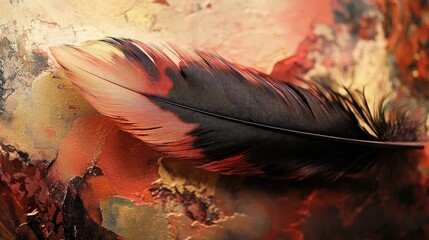 Aufkleber - Elegant black feather resting on a textured warm-toned abstract background showcasing natural beauty and artistic flair.