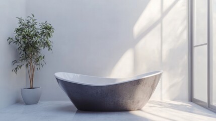 Aufkleber - Modern minimalist bathtub in bright, airy bathroom with natural light and potted plant enhancing serene atmosphere and contemporary design.