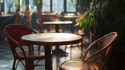 Poster - Empty cafe interior with sunlight illuminating tables and chairs creating a serene atmosphere of isolation and tranquility