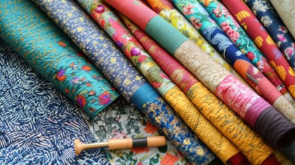 Aufkleber - Vibrant collection of colorful quilting fabrics and essential sewing tools arranged artistically for creative textile projects